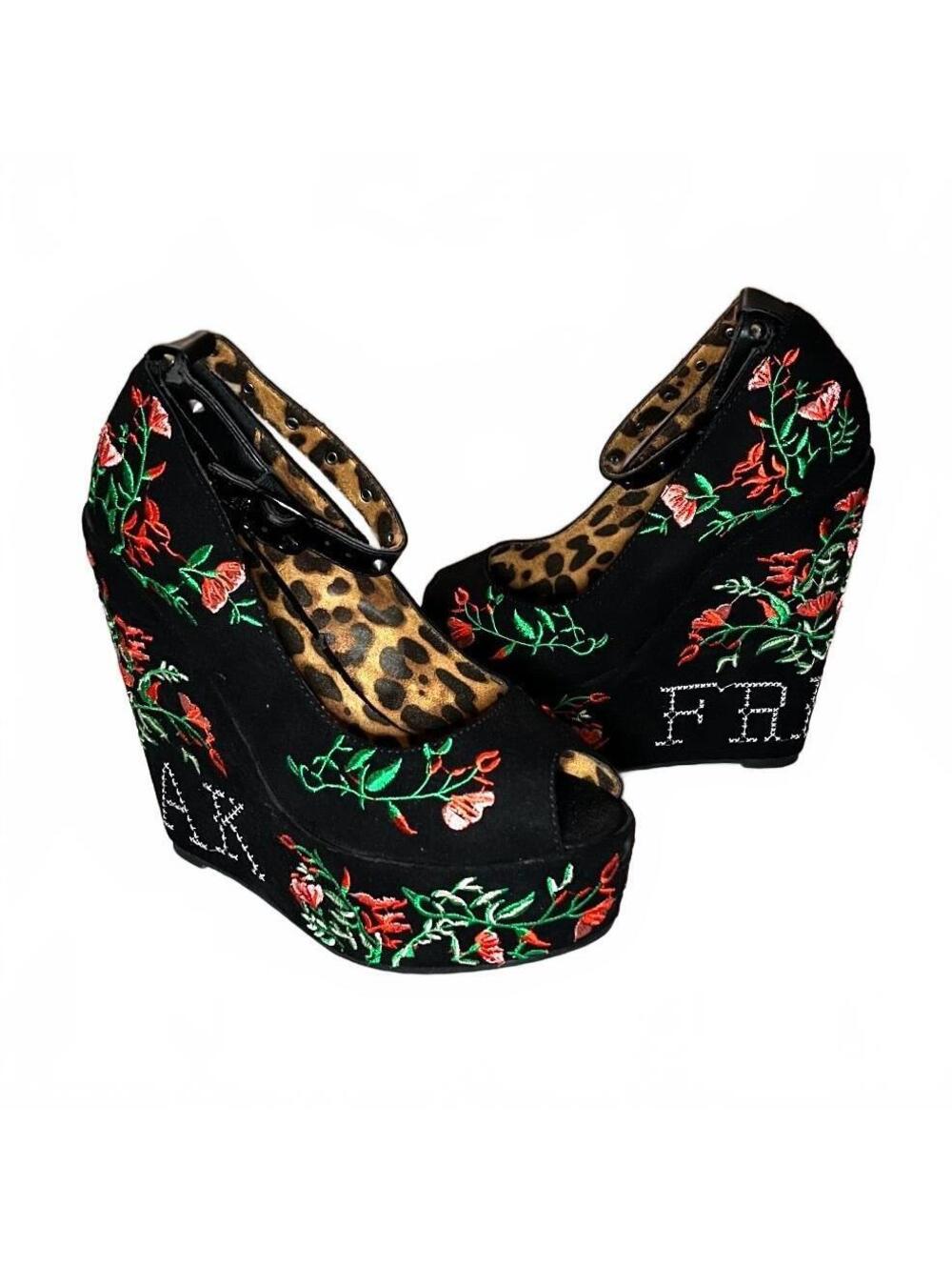 Iron Fist Kind Of A Freak Wedge Floral Embroidered Black Shoes Women’s 6